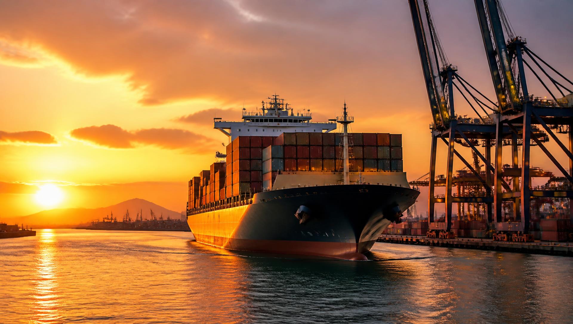Container vessel approaching port at sunset