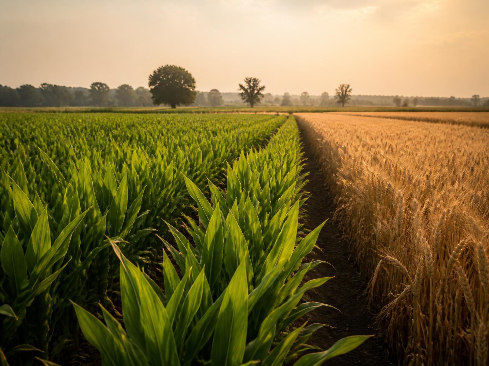 Cultivated fields across India at golden hour