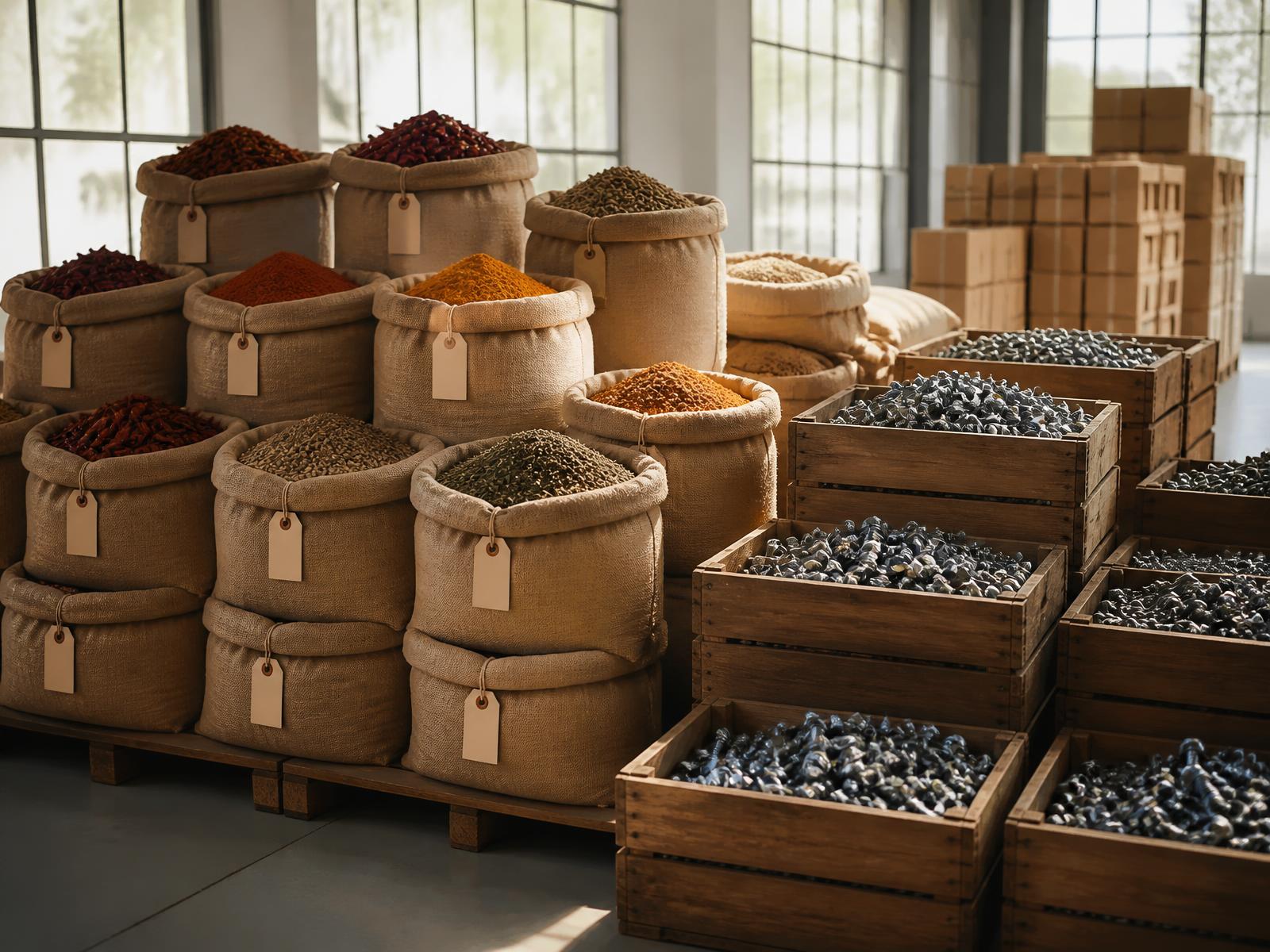 Finished spice sacks and steel fasteners packed for export