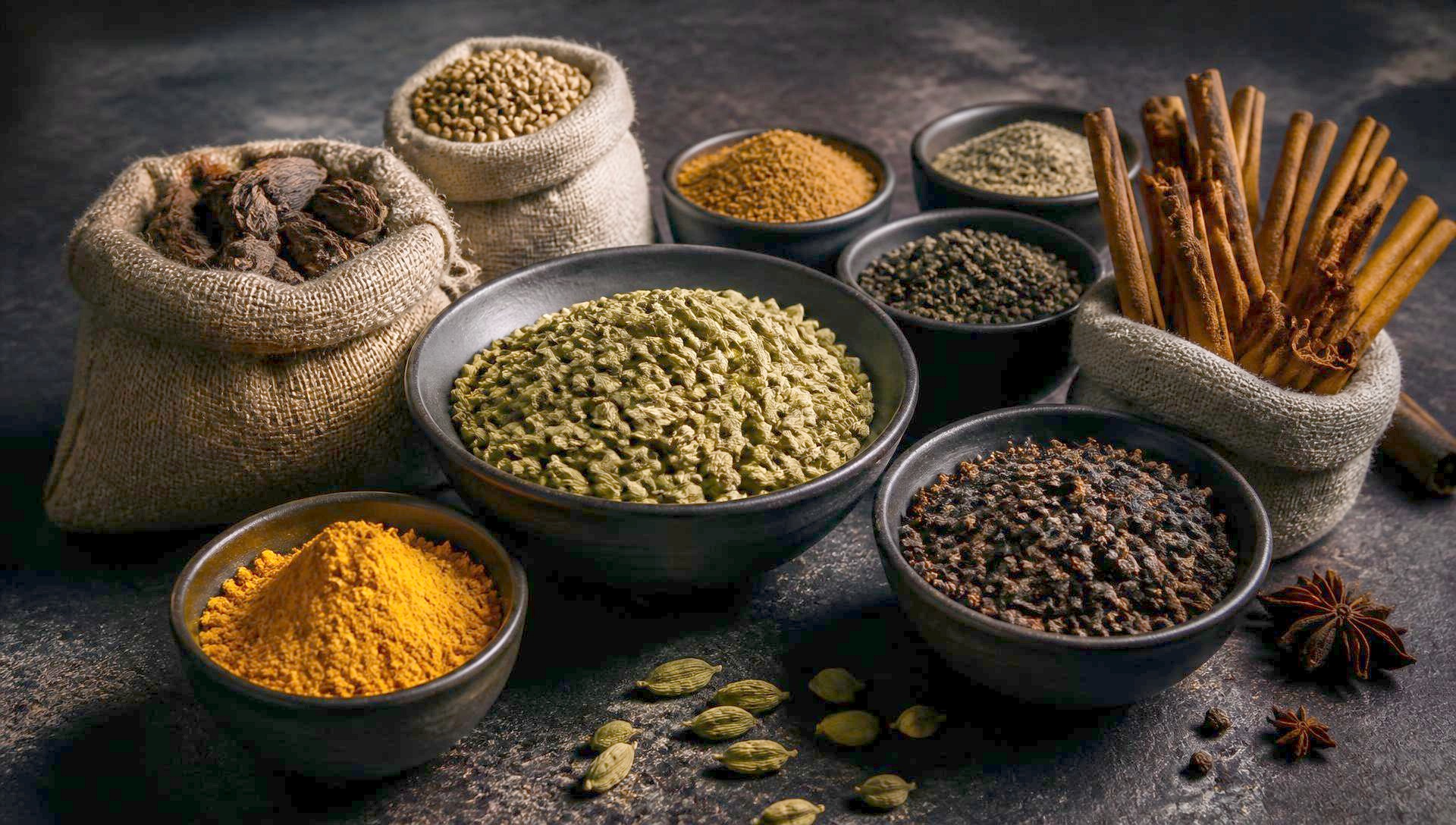Assorted premium Indian spices in dark bowls