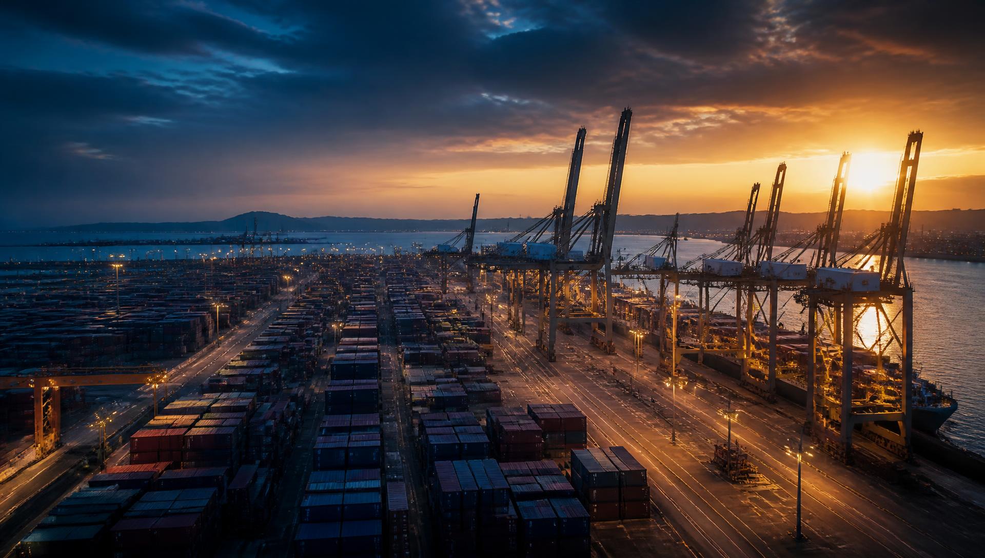 Container port at dusk with gantry cranes loading cargo