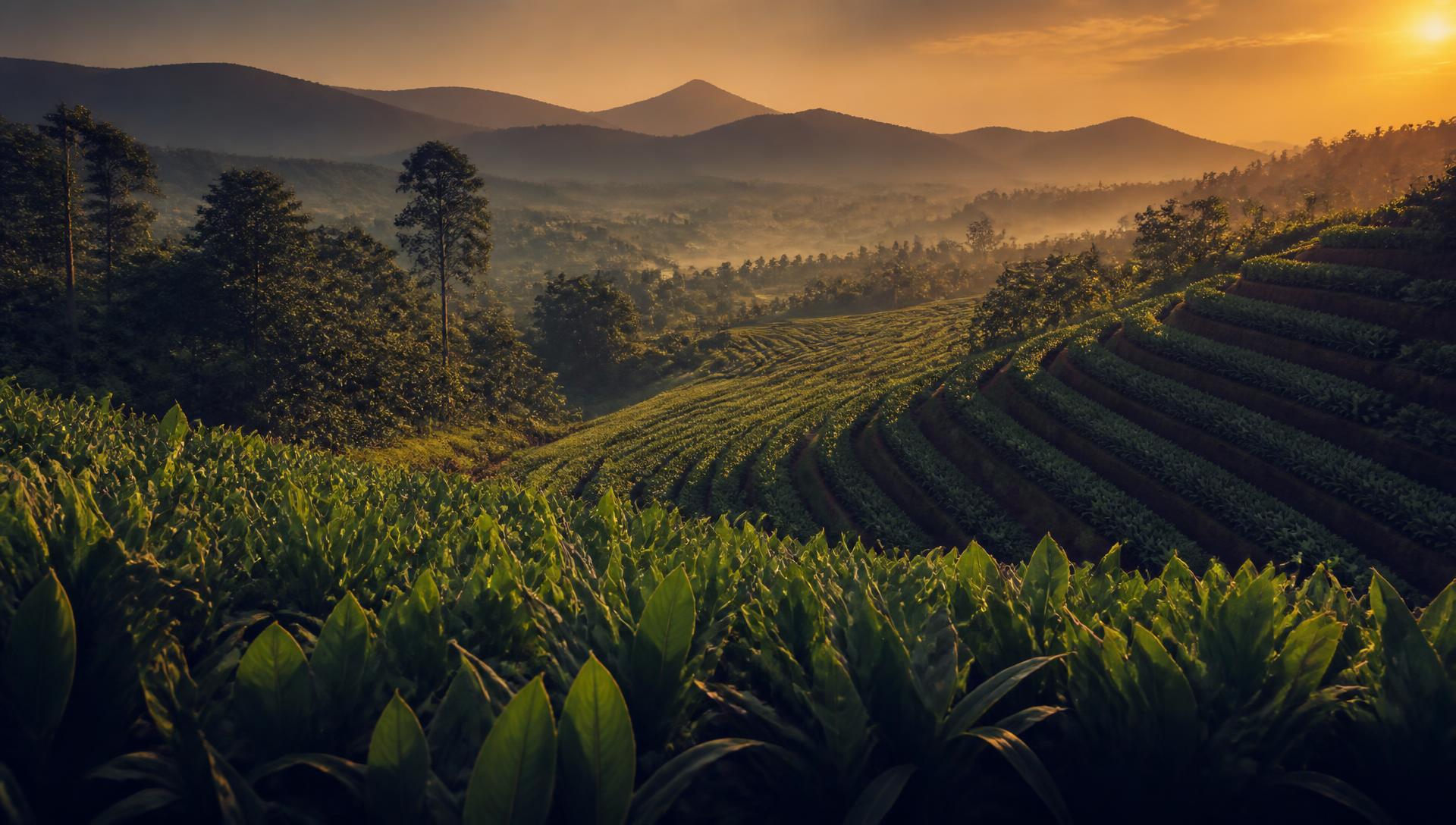 Indian agricultural landscape at golden hour