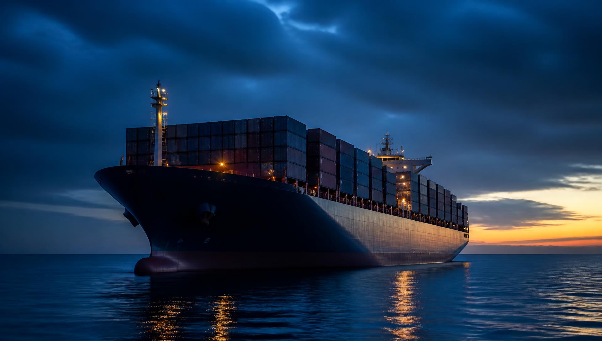 Container ship at sea during blue hour
