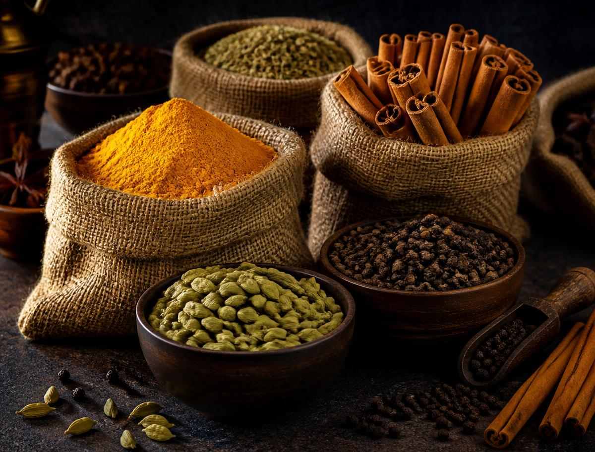 Indian spices including turmeric, cardamom, pepper and cinnamon